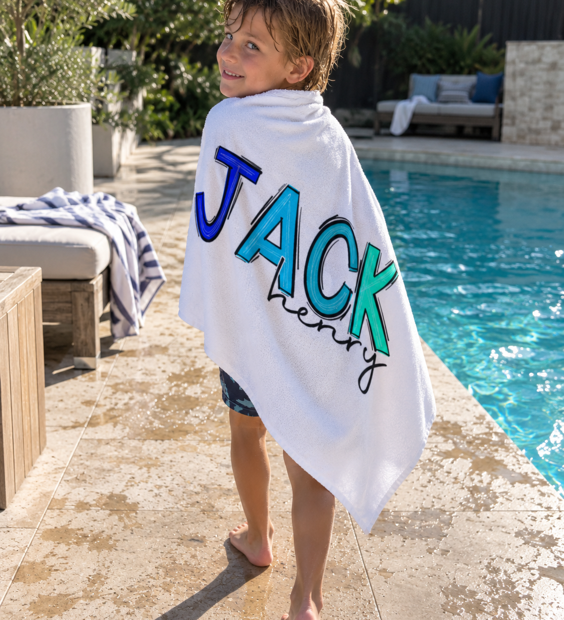 Personalized two tone name beach towel, custom name printed edge to edge