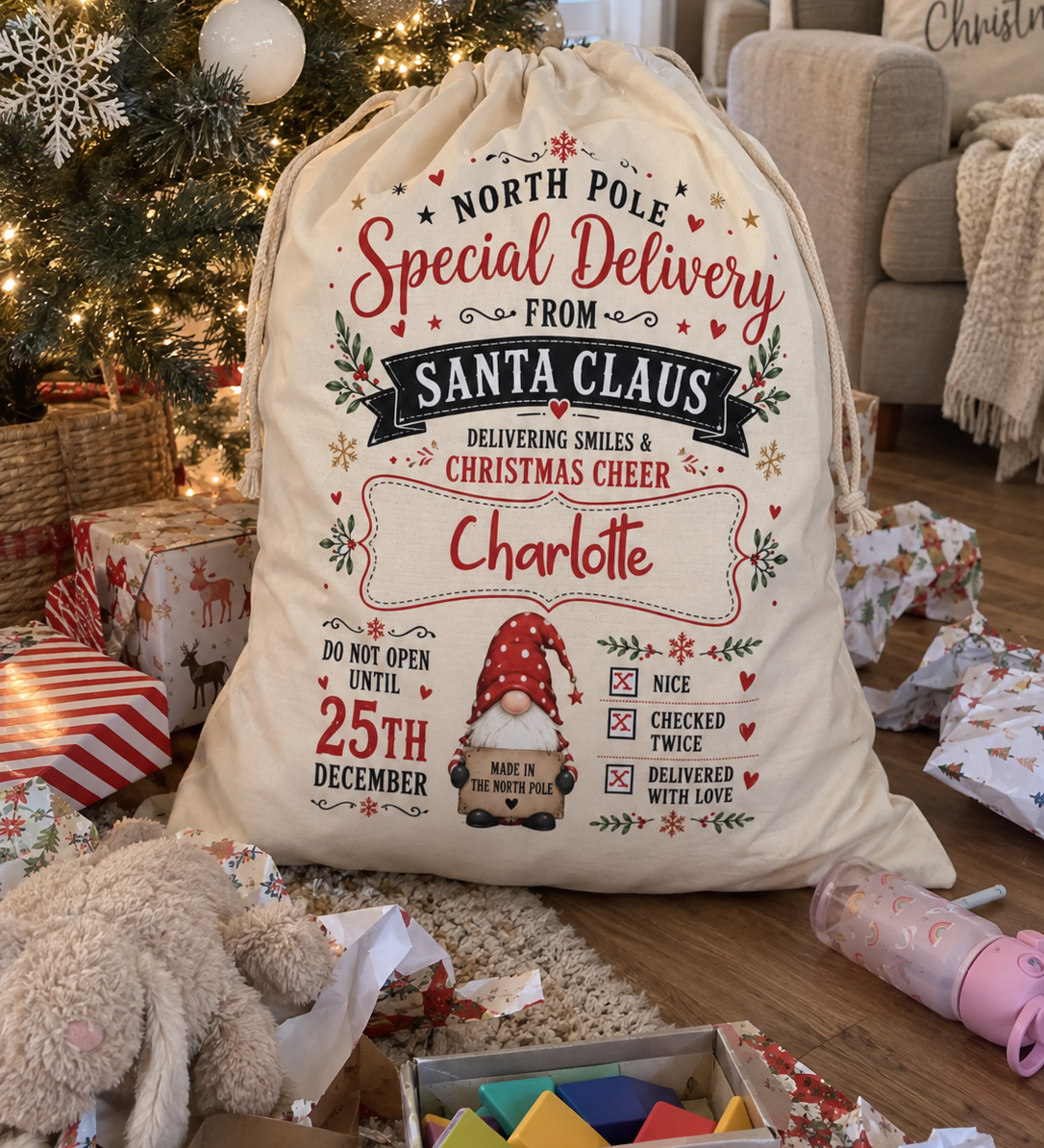 Personalised North Pole gnome Christmas sack, personalised with your child's name