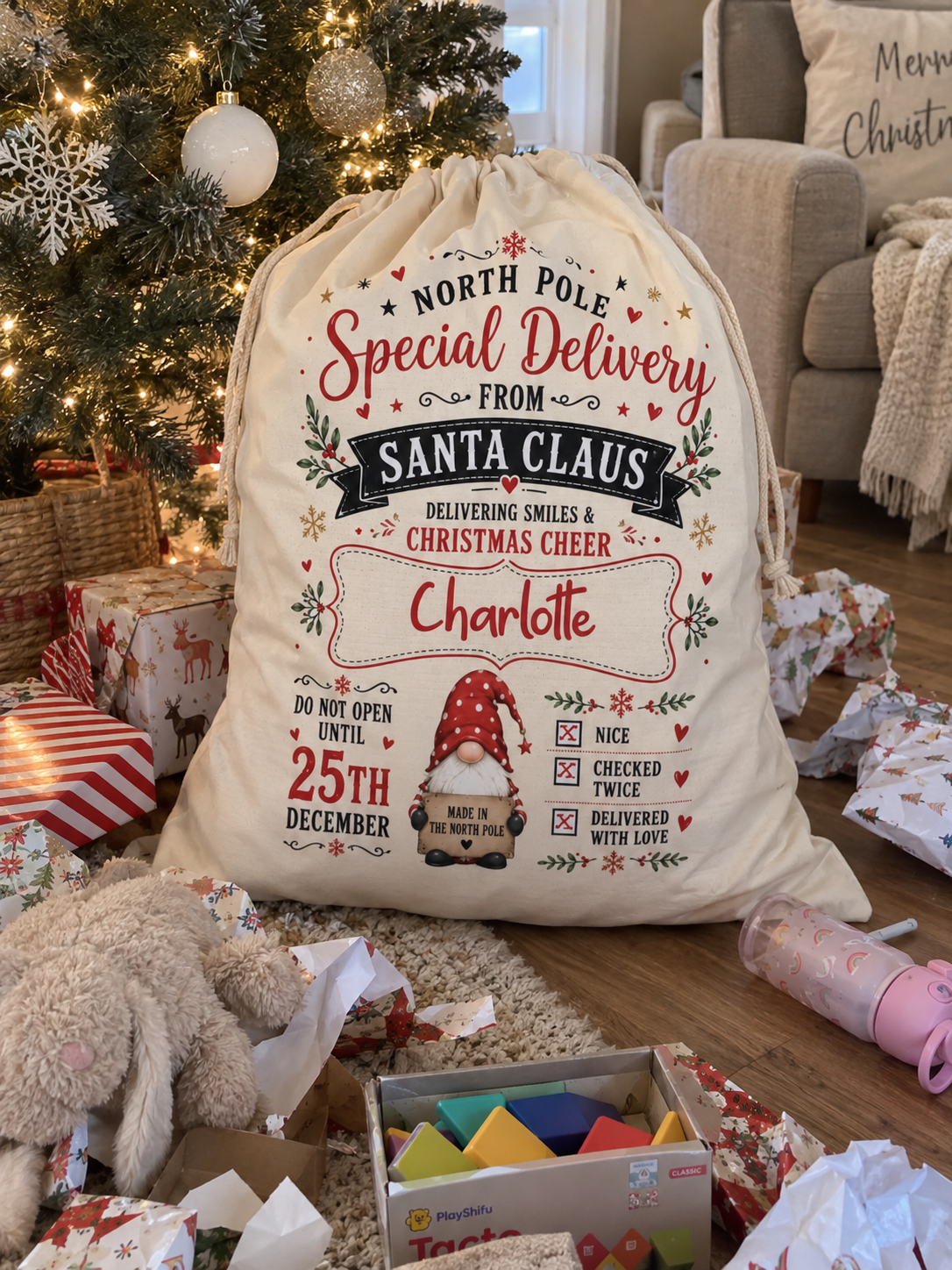 Personalised North Pole gnome Christmas sack, personalised with your child's name