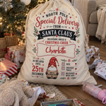 Personalised North Pole gnome Christmas sack, personalised with your child's name