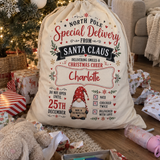 Personalised North Pole gnome Christmas sack, personalised with your child's name