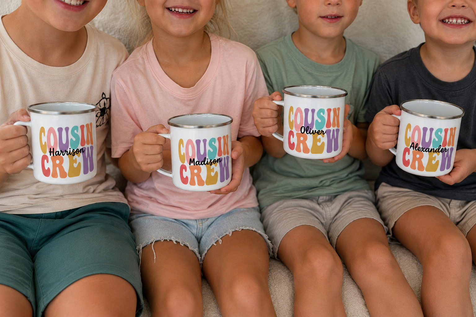 Cousin Crew enamel mug in durable enamel, made for camping trips and hot chocolate - The Custom Co