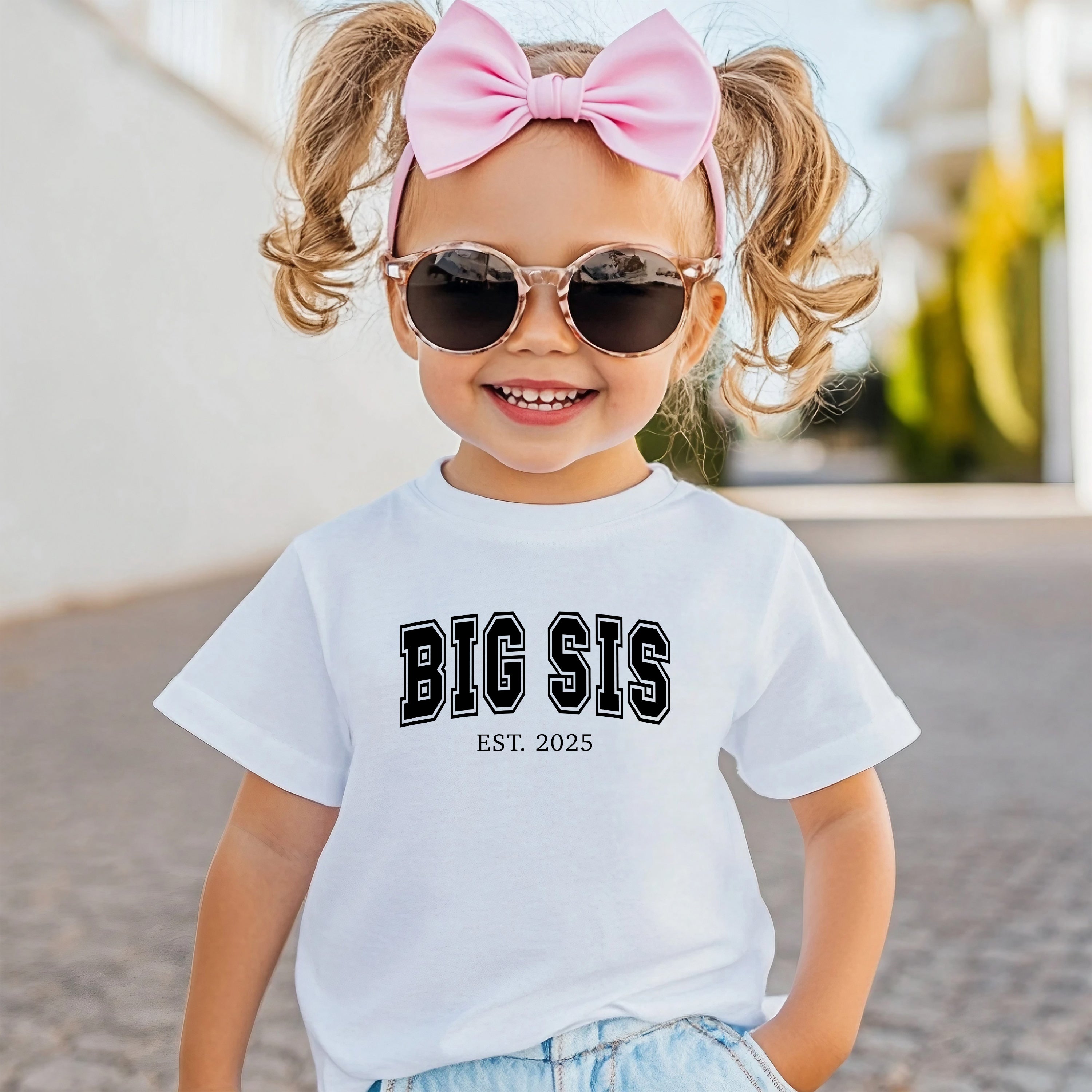 Custom Big Sister t-shirt with Est. year – toddler girl sibling reveal outfit