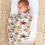 Personalised muslin swaddle wrap with baby name, soft breathable fabric, 120x120cm size for newborns and babies.