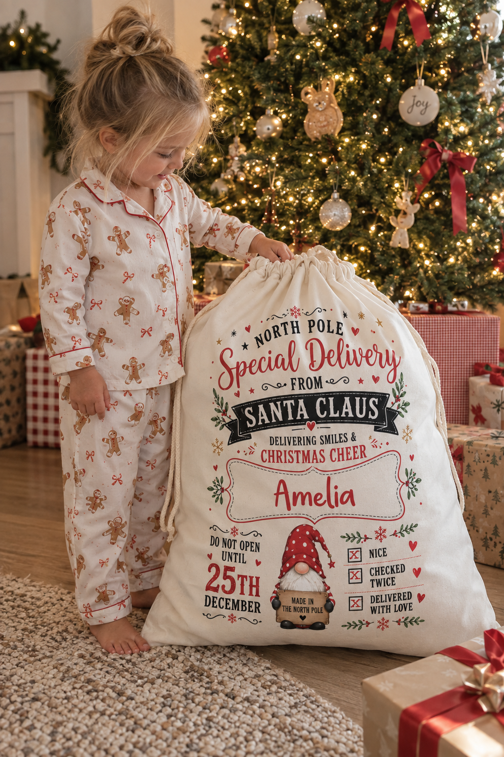 Personalised North Pole gnome Christmas sack, durable fabric sack with drawstring