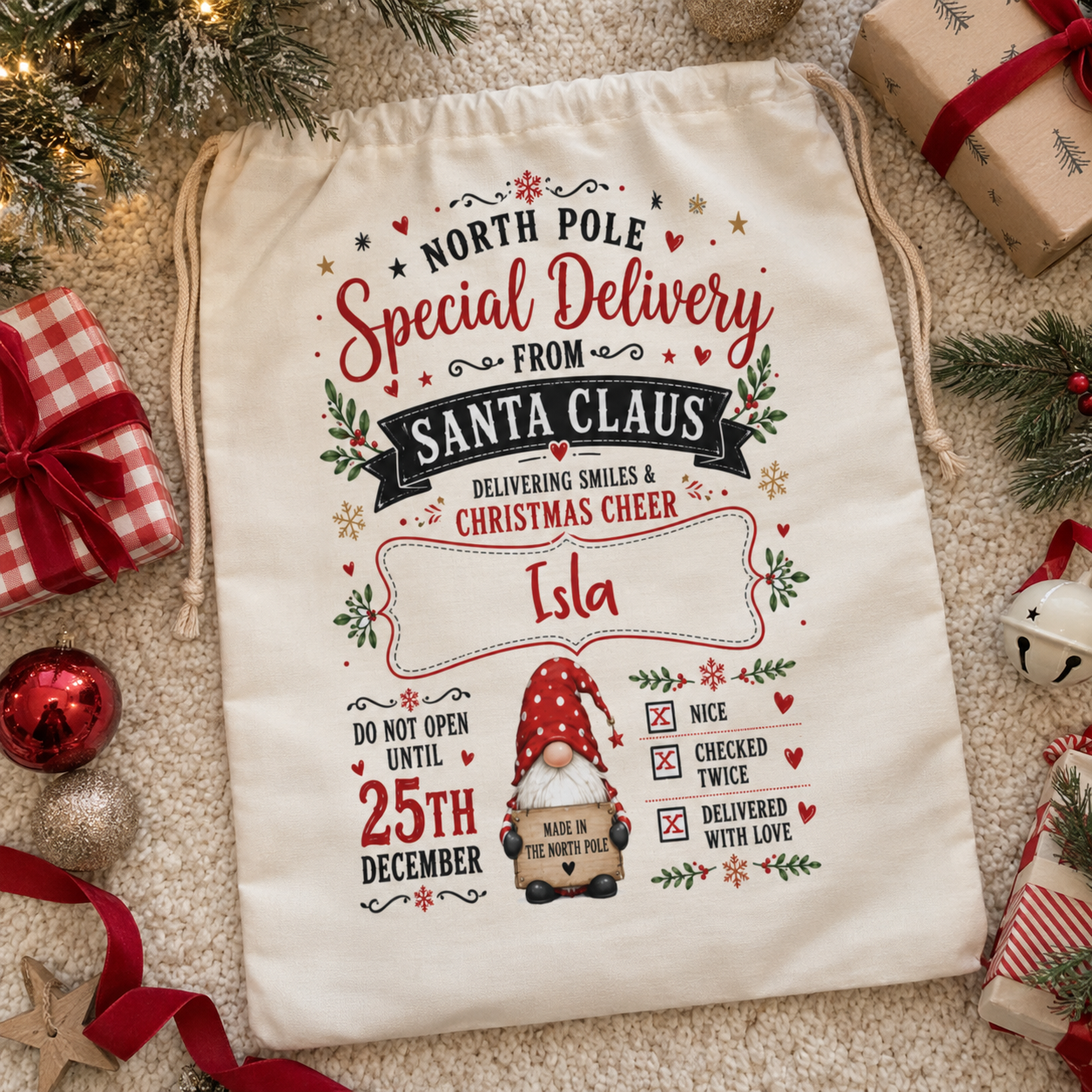 Personalised North Pole gnome Christmas sack, Christmas Eve box and stocking alternative