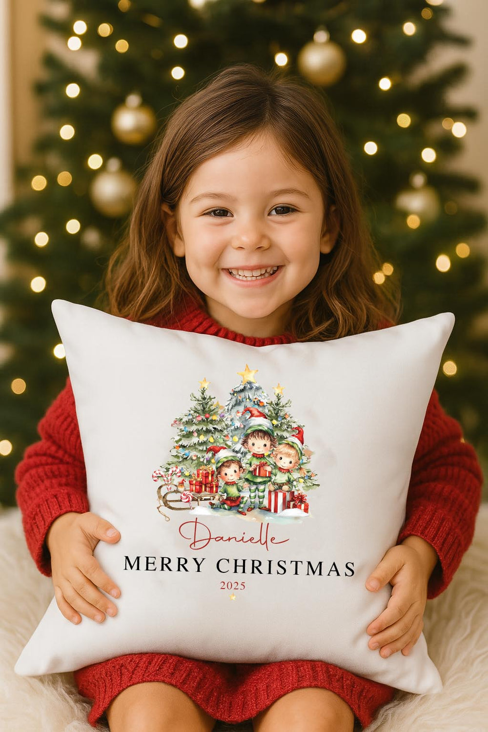 kids cushion Christmas Elves design, personalised festive décor.
