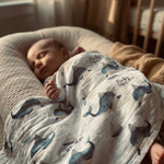 Custom muslin swaddle wrap personalized with baby’s name, soft breathable fabric, 120x120cm size for newborn comfort and daily use