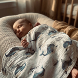 Custom muslin swaddle wrap personalized with baby’s name, soft breathable fabric, 120x120cm size for newborn comfort and daily use