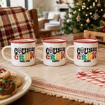 Santa Cousin Crew enamel mugs set for Christmas with candy canes and biscuits - The Custom Co