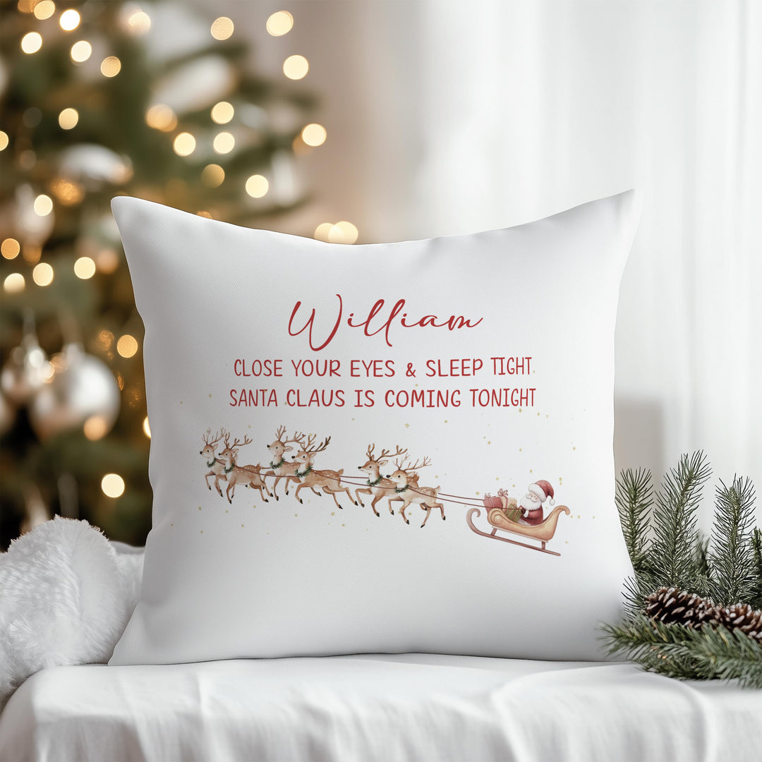 Custom Christmas Eve cushion for kids, Santa design with name.