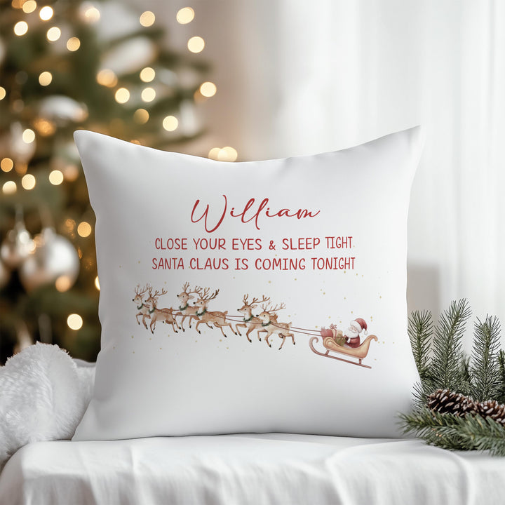 Custom Christmas Eve cushion for kids, Santa design with name.