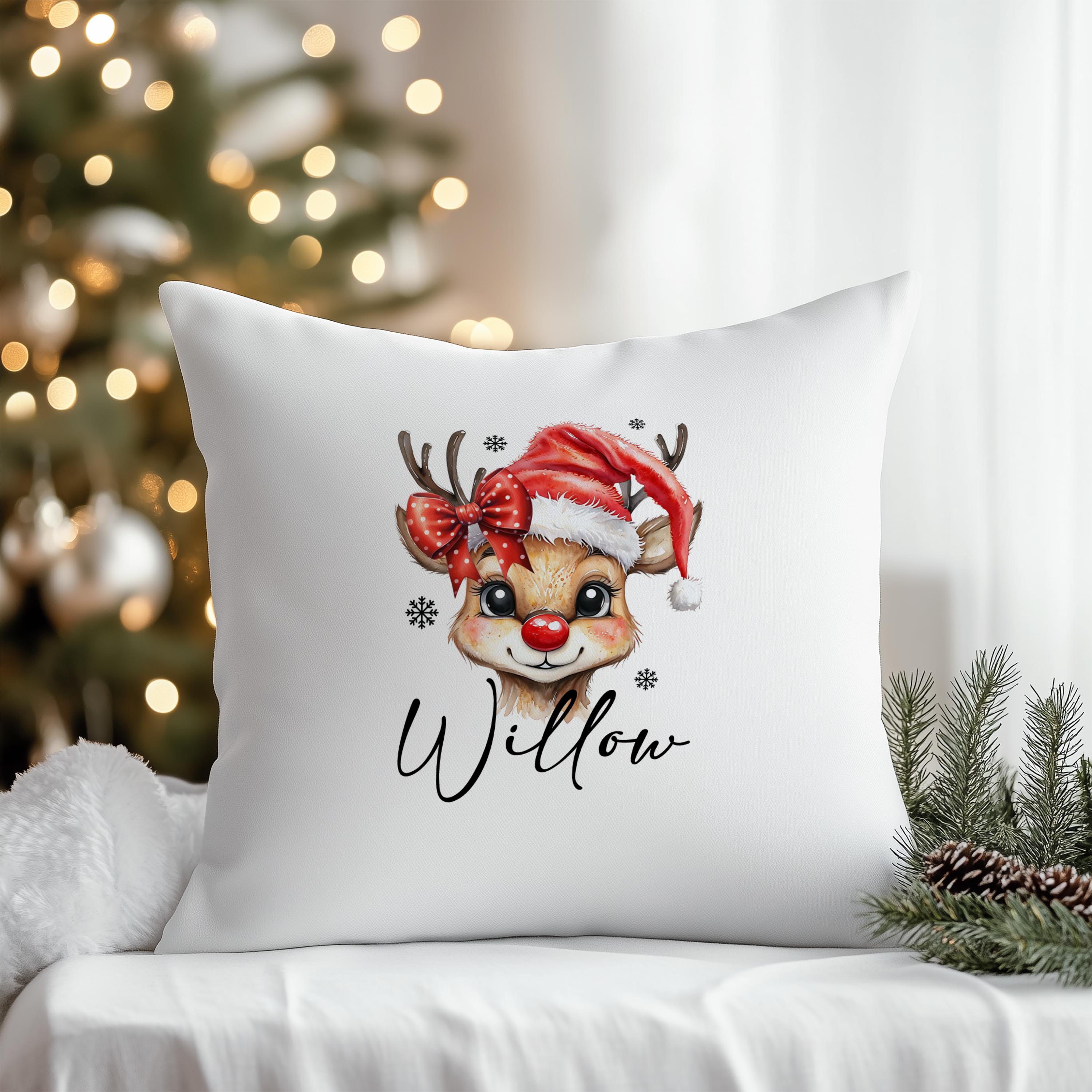 Custom Santa and reindeer cushion for girls