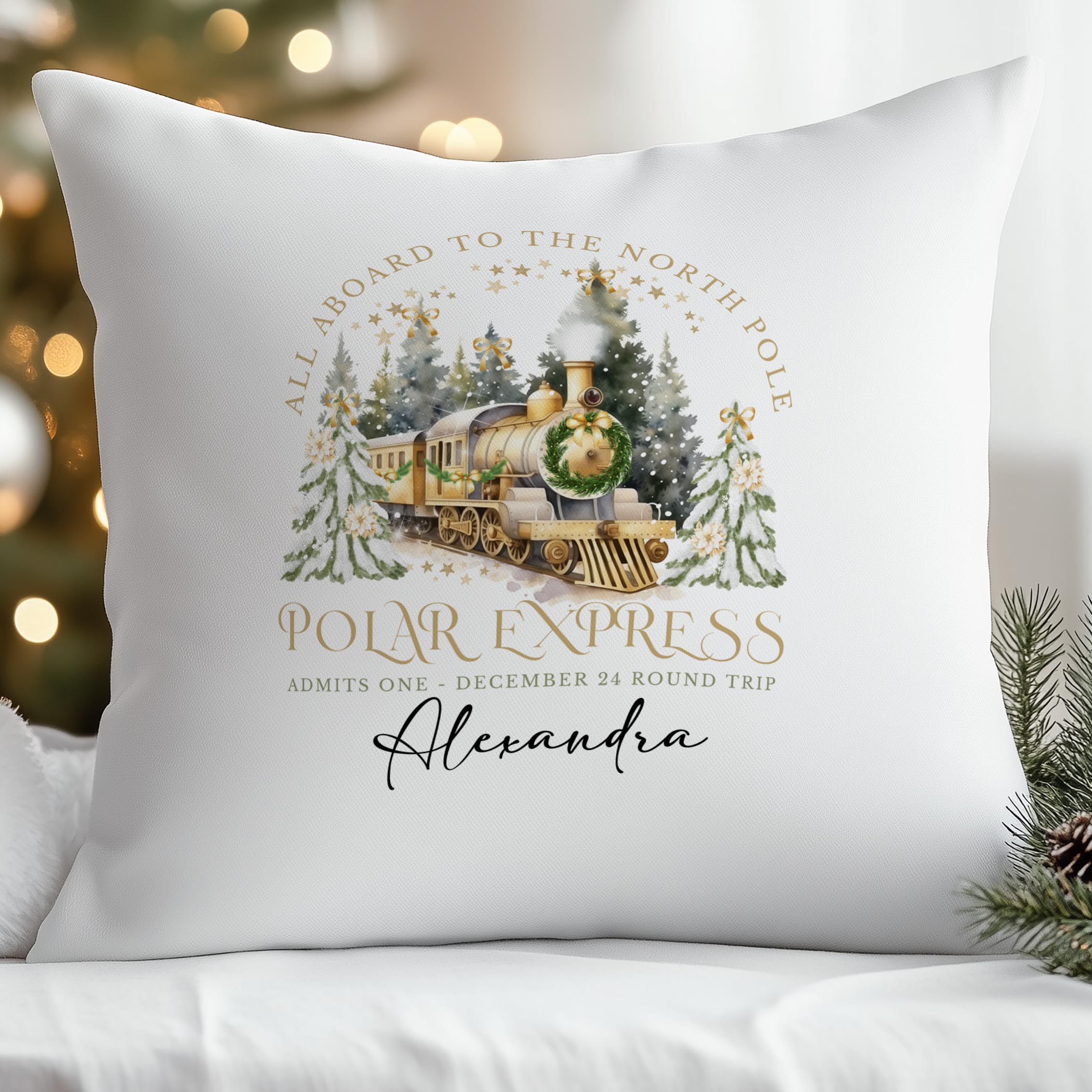 Polar Express personalised Christmas cushion with child’s name – The Custom Co