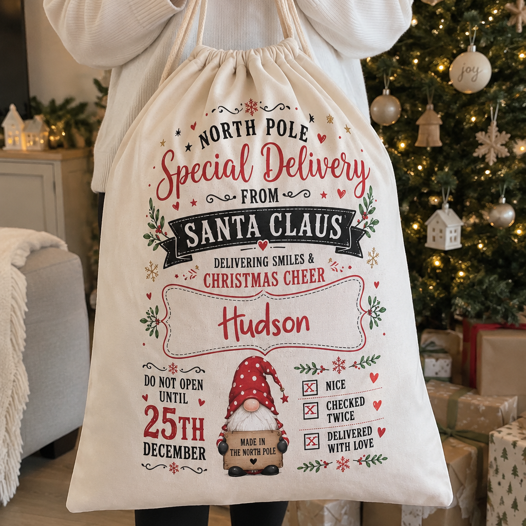 Personalised North Pole gnome Christmas sack, roomy sack for Christmas morning - The Custom Co