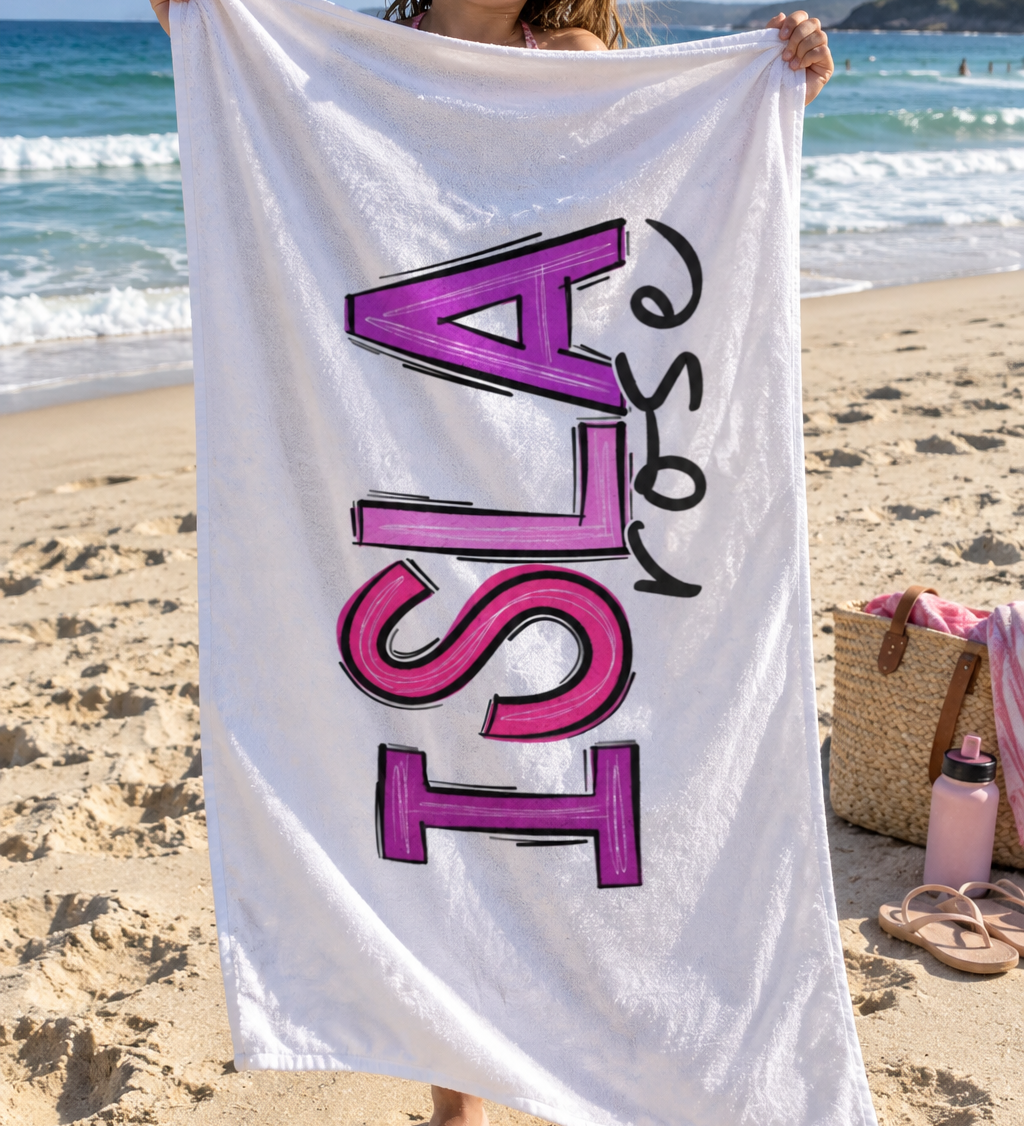Personalized two tone name beach towel, generous 30 x 60 inch size for kids and teens