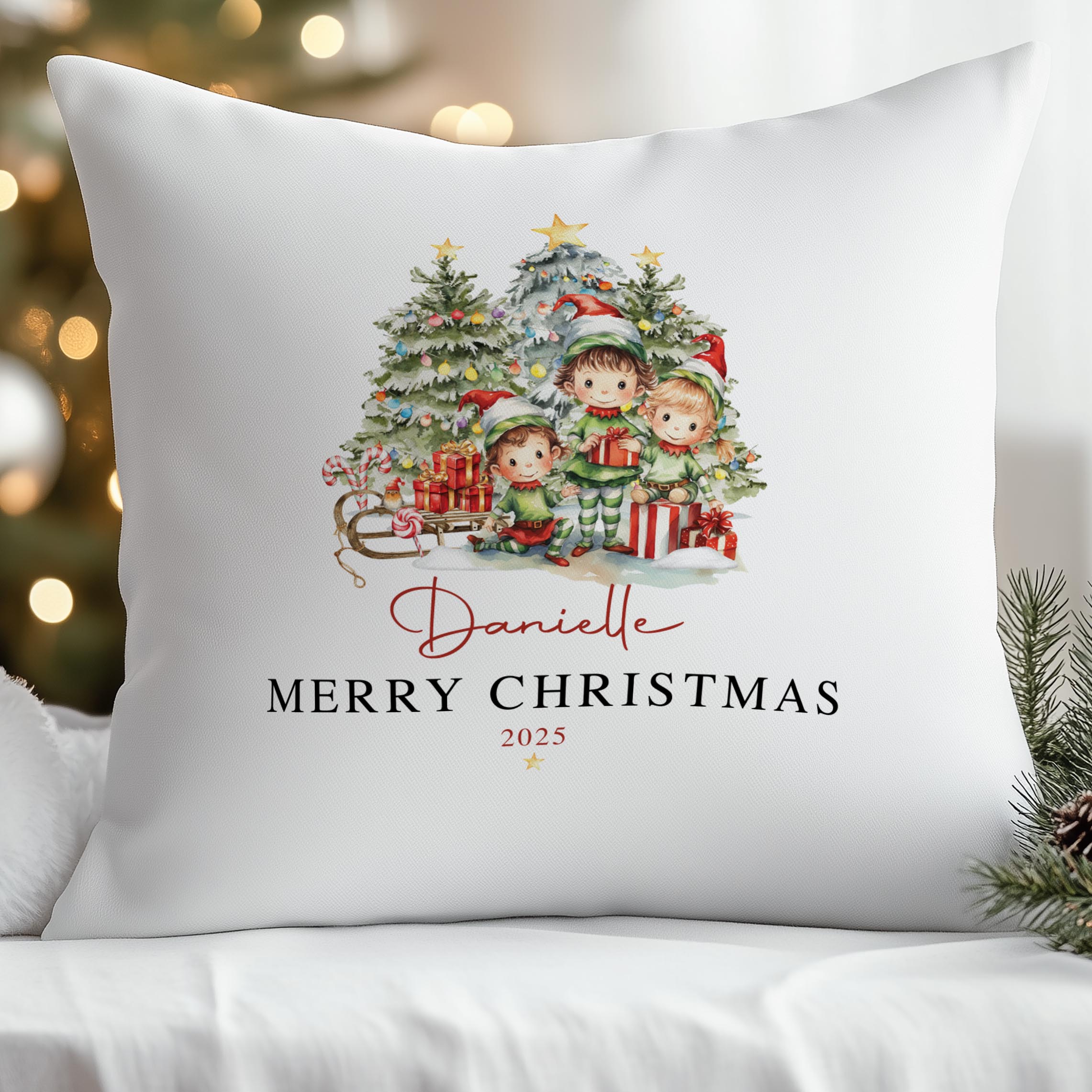 Custom Christmas cushion with elves design and name for kids.