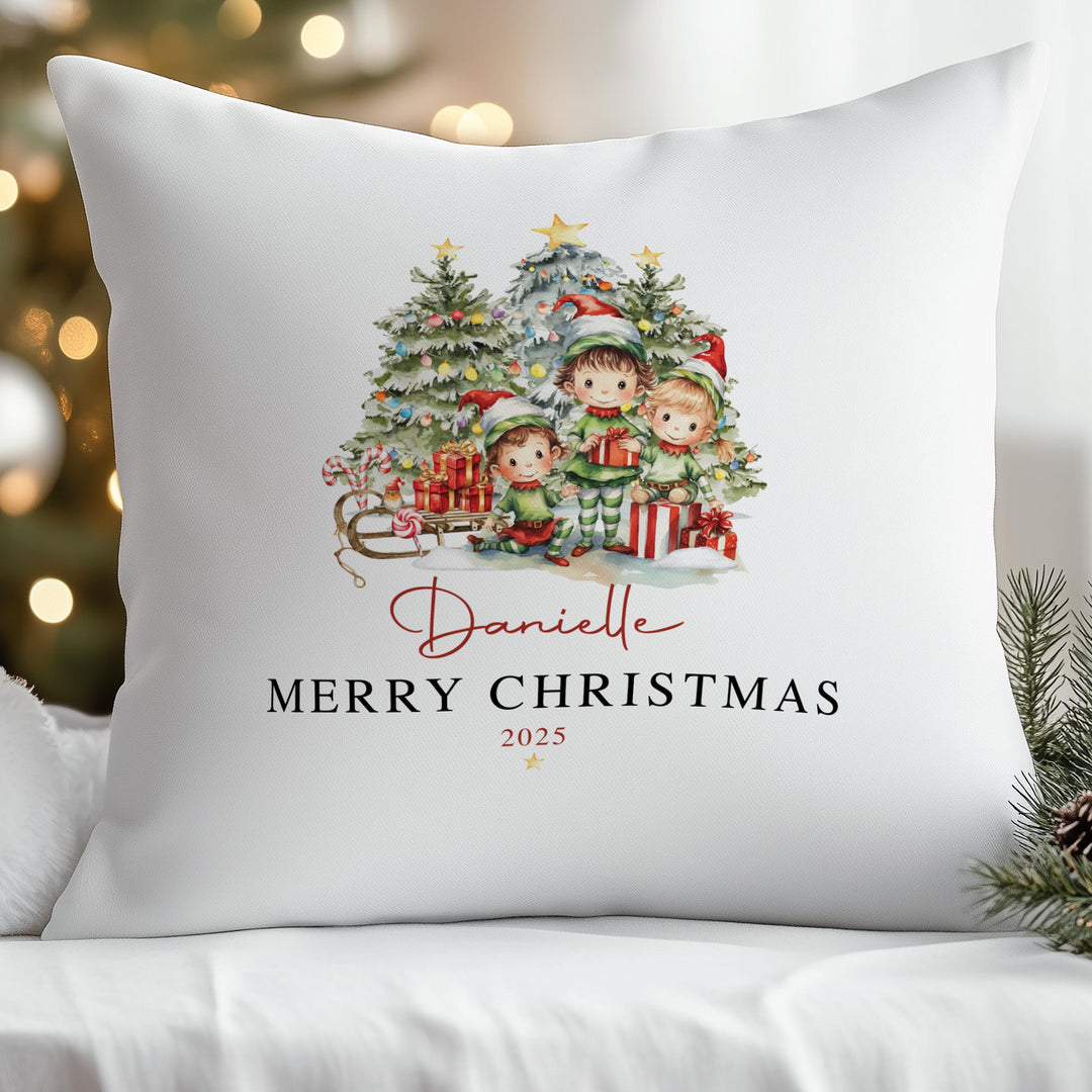Custom Christmas cushion with elves design and name for kids.