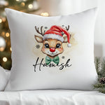 Custom Christmas cushion for boys, Santa and reindeer design with name.