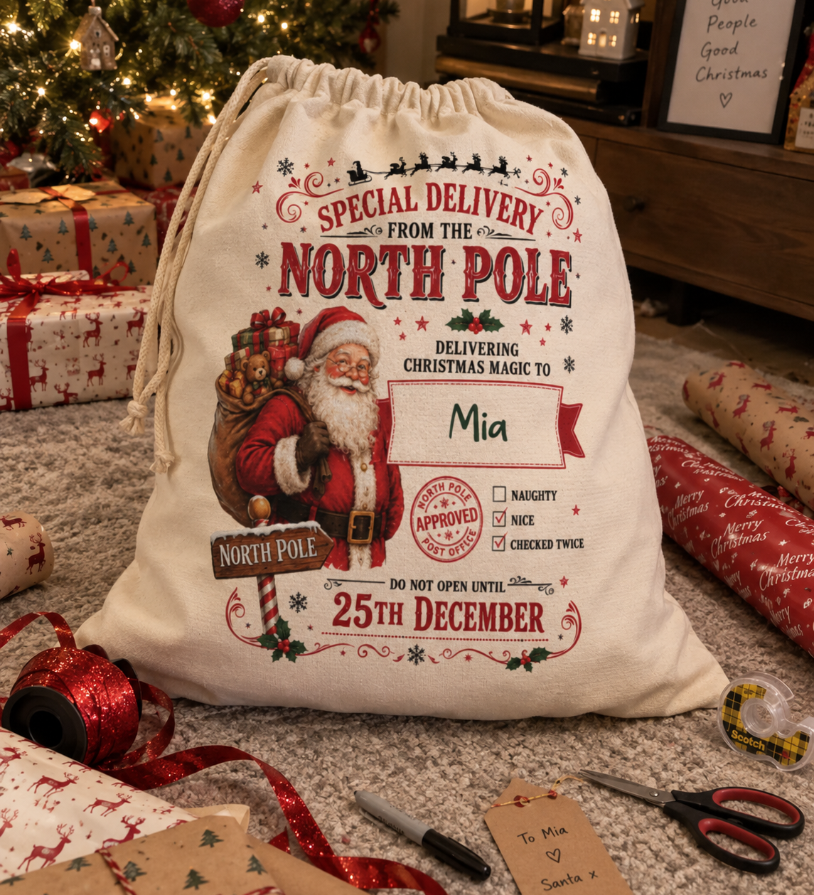 Personalised Santa special delivery Christmas sack, durable fabric sack with drawstring