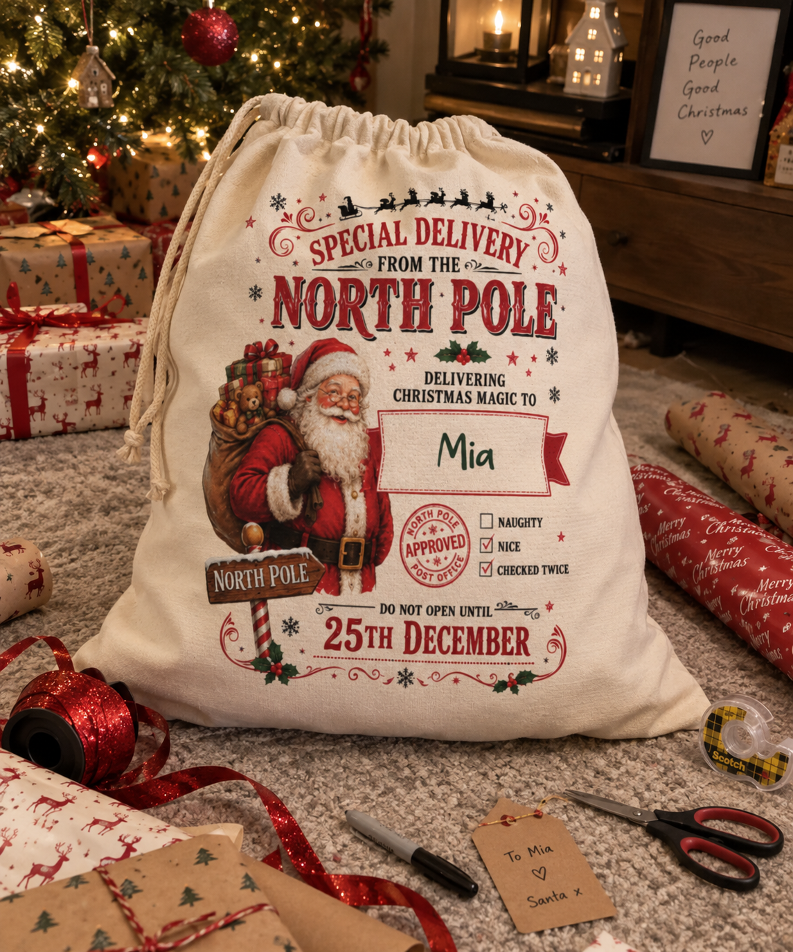 Personalised Santa special delivery Christmas sack, durable fabric sack with drawstring