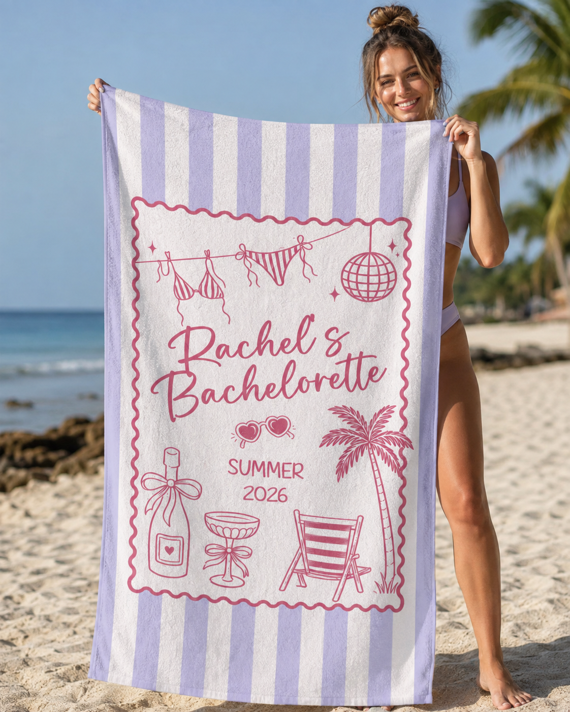Cabana Bachelorette beach towel personalised with each name, bachelorette party gift