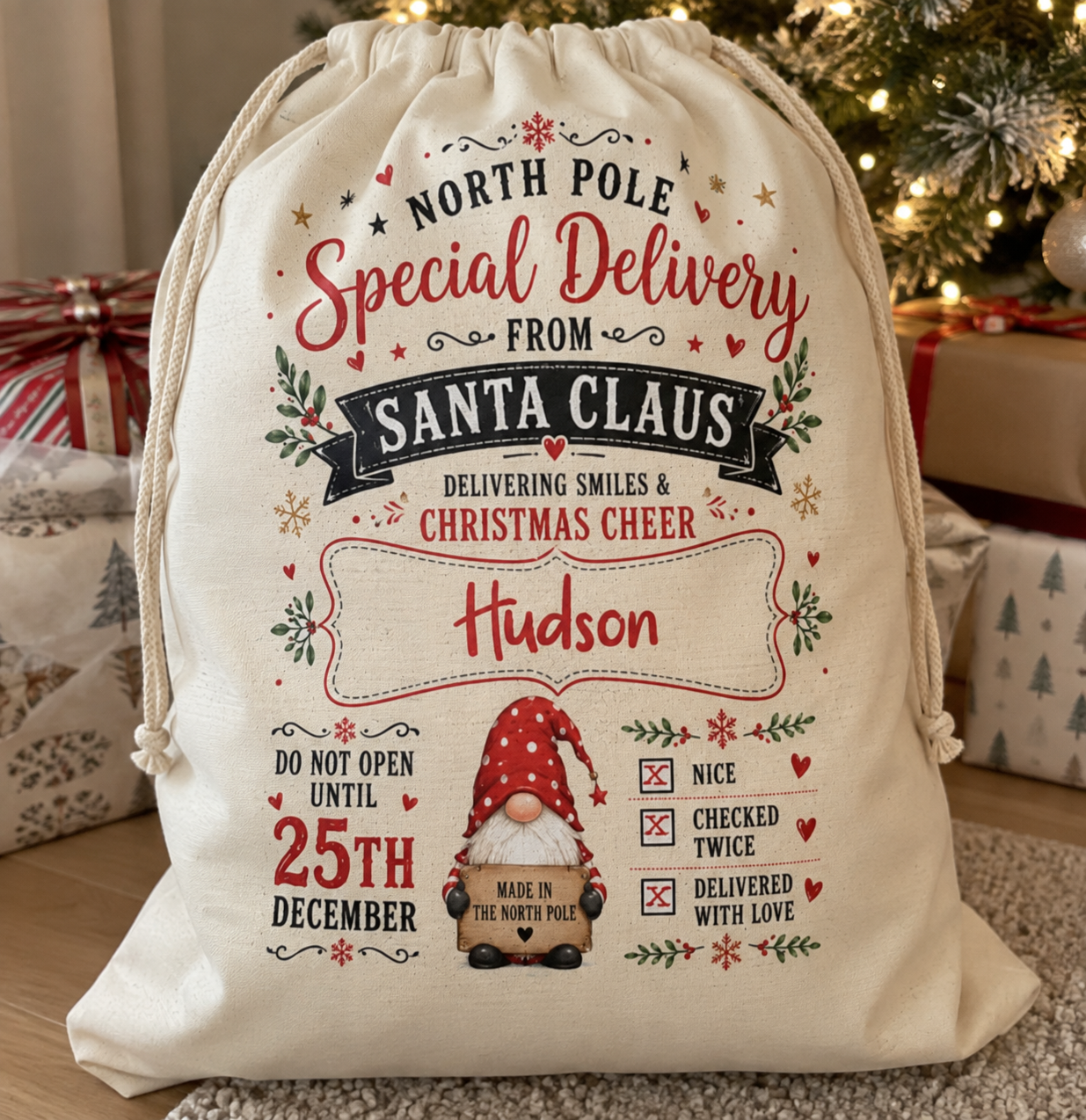 Personalised North Pole gnome Christmas sack, a keepsake you'll reuse every Christmas