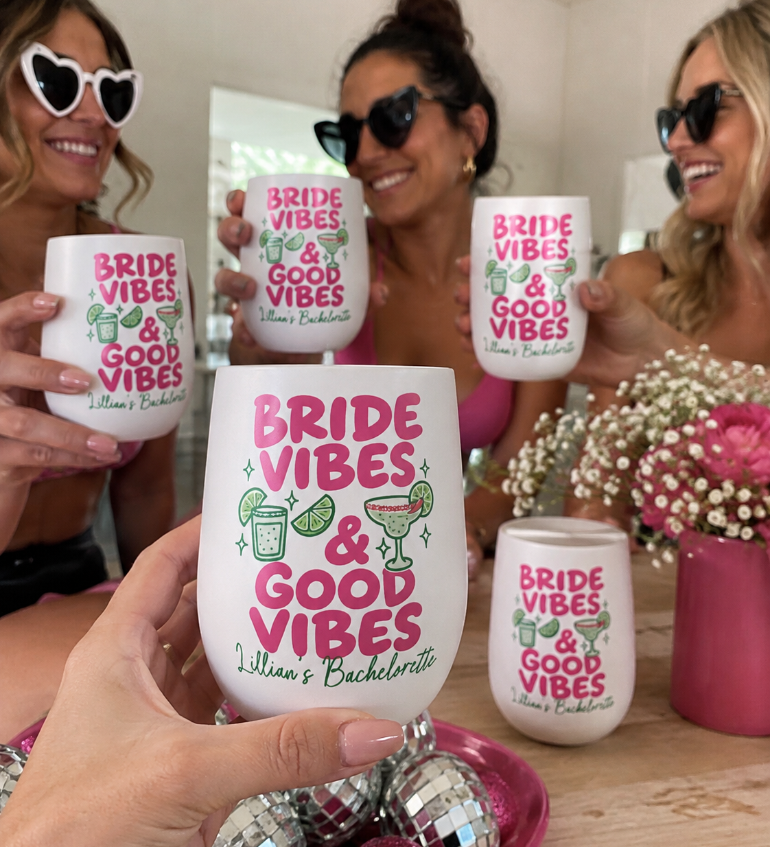 Custom Bride Vibes insulated wine tumbler with name, bridal shower gift