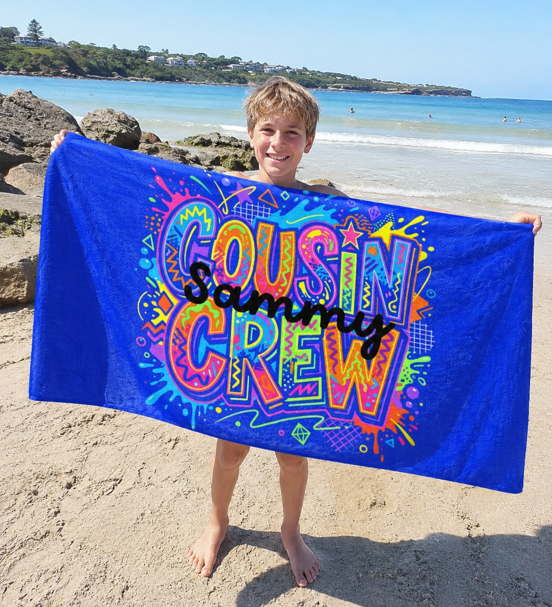 Cousin Crew Pop Art beach towel in quick-dry sand-free fabric, made for beach and pool days - The Custom Co