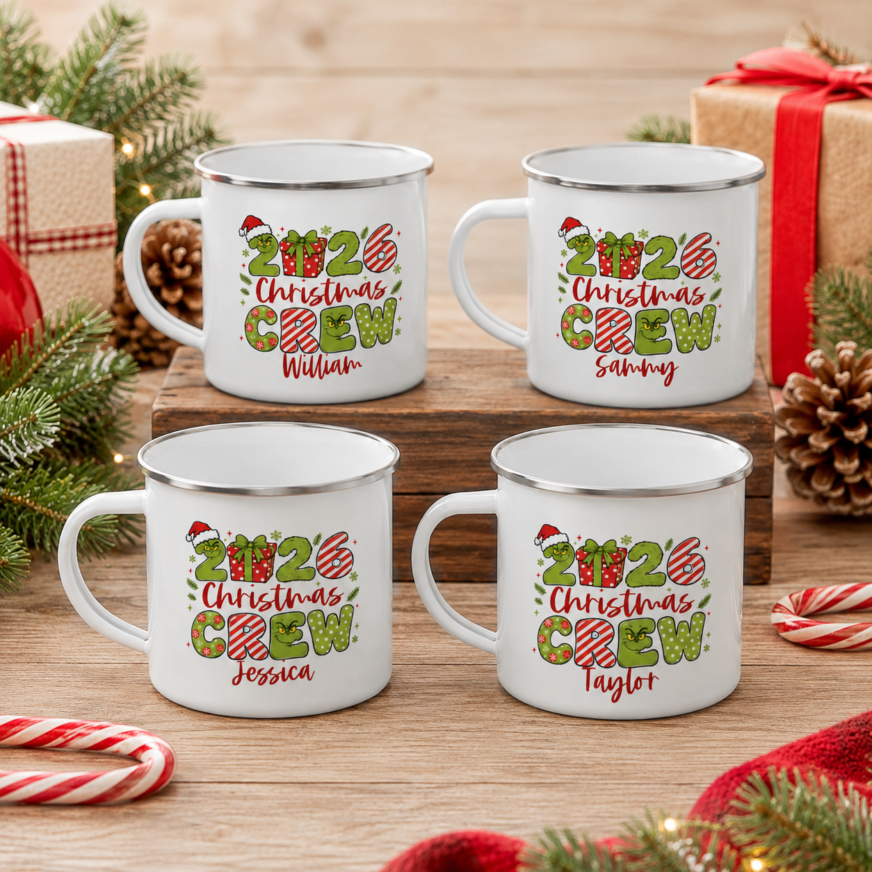 Four matching Christmas Crew enamel mugs on a wooden crate, a different name on each - The Custom Co