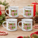 Four matching Christmas Crew enamel mugs on a wooden crate, a different name on each - The Custom Co