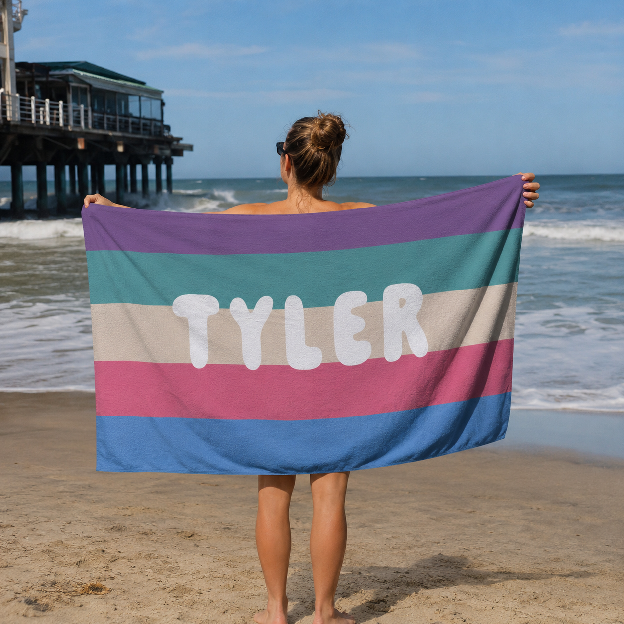 Personalised Retro Stripe beach towel name print detail