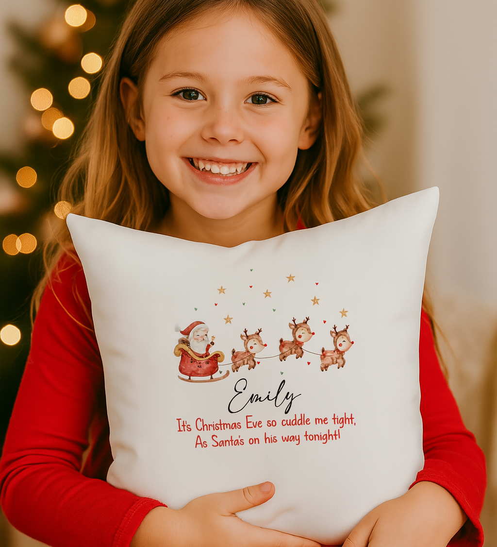 Festive kids reindeer cushion with name