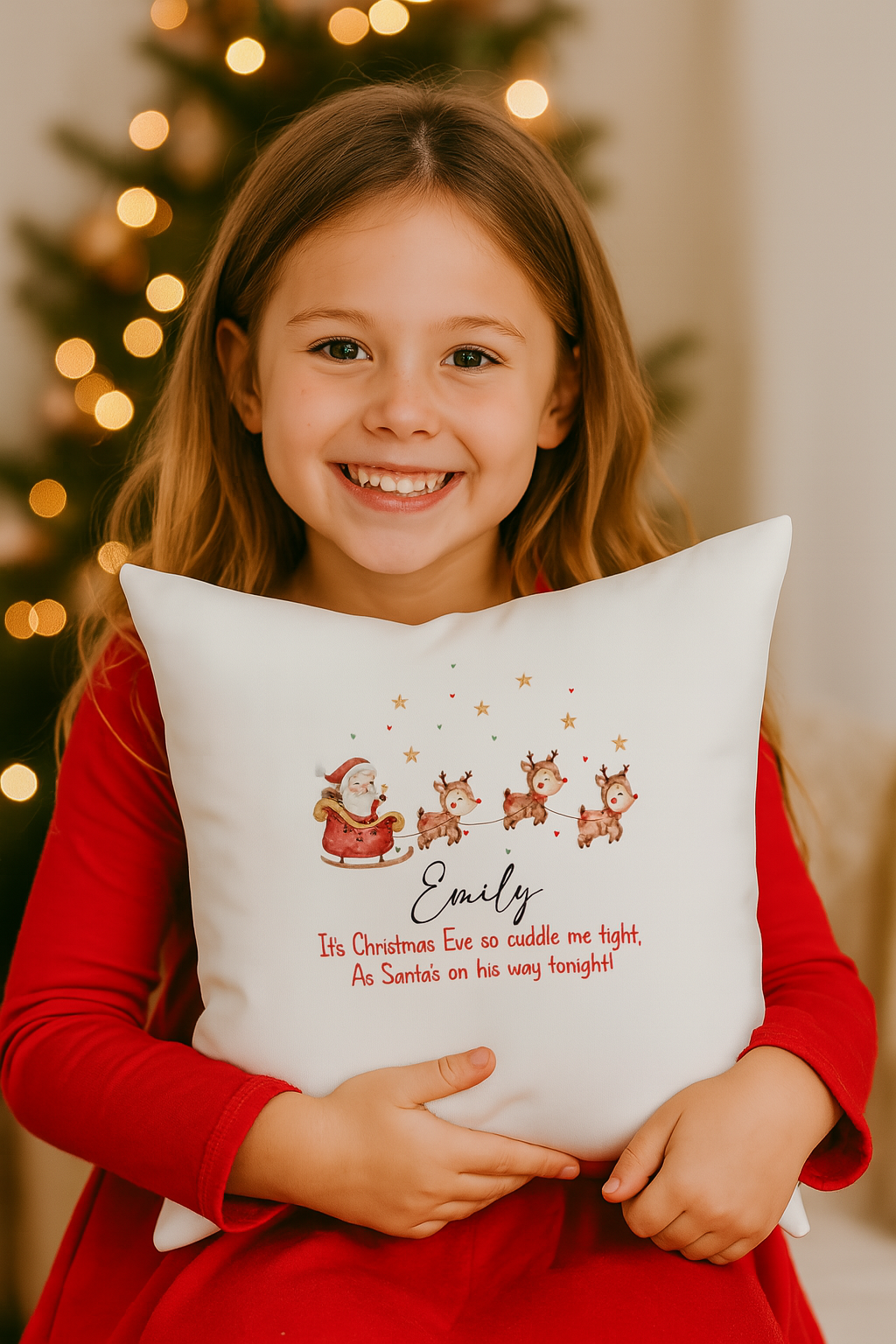 Festive kids reindeer cushion with name