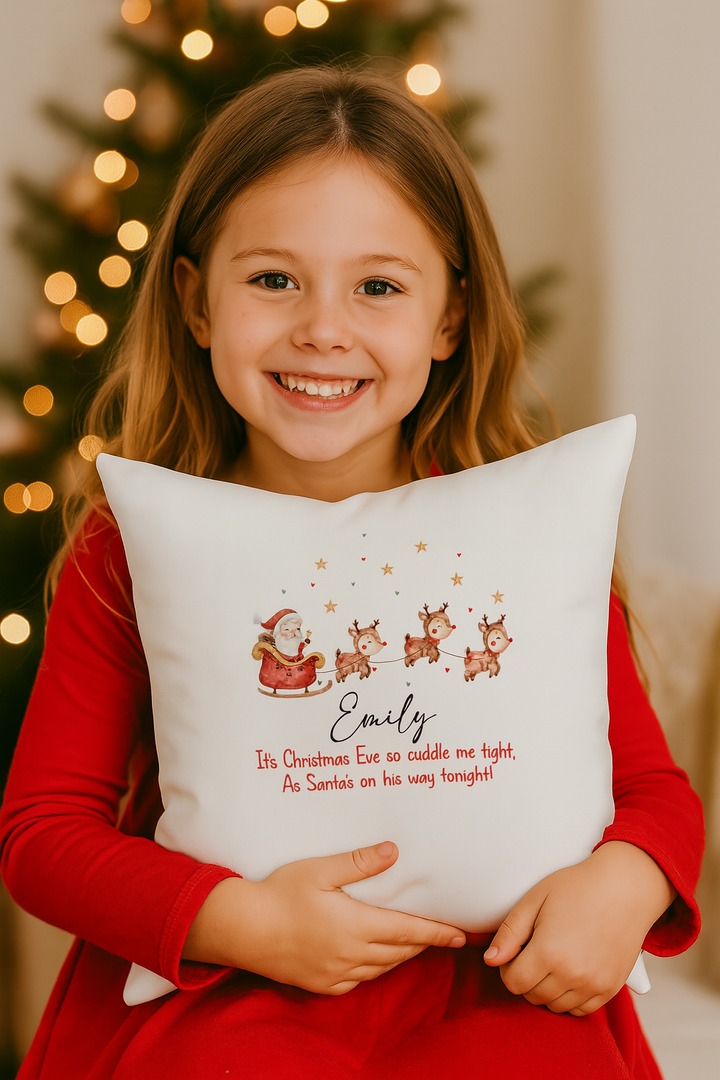 Festive kids reindeer cushion with name