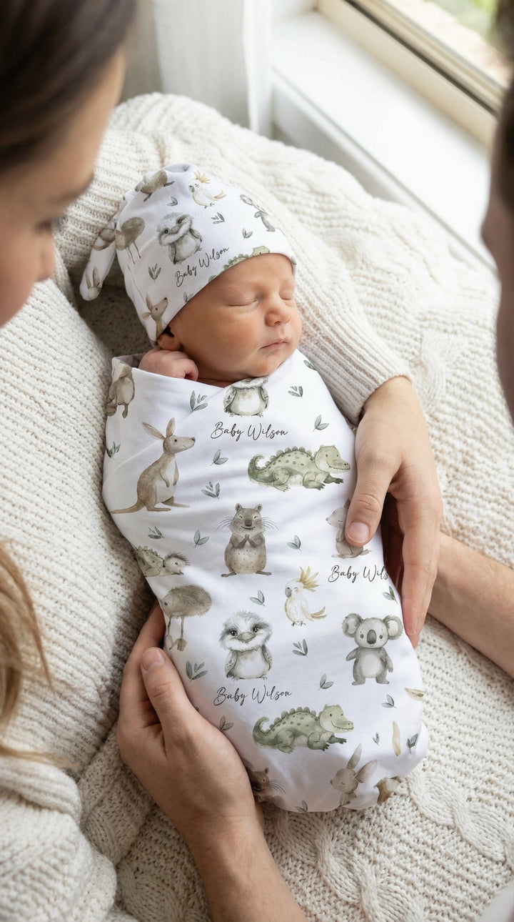 Personalised Swaddle &amp; Beanie Set