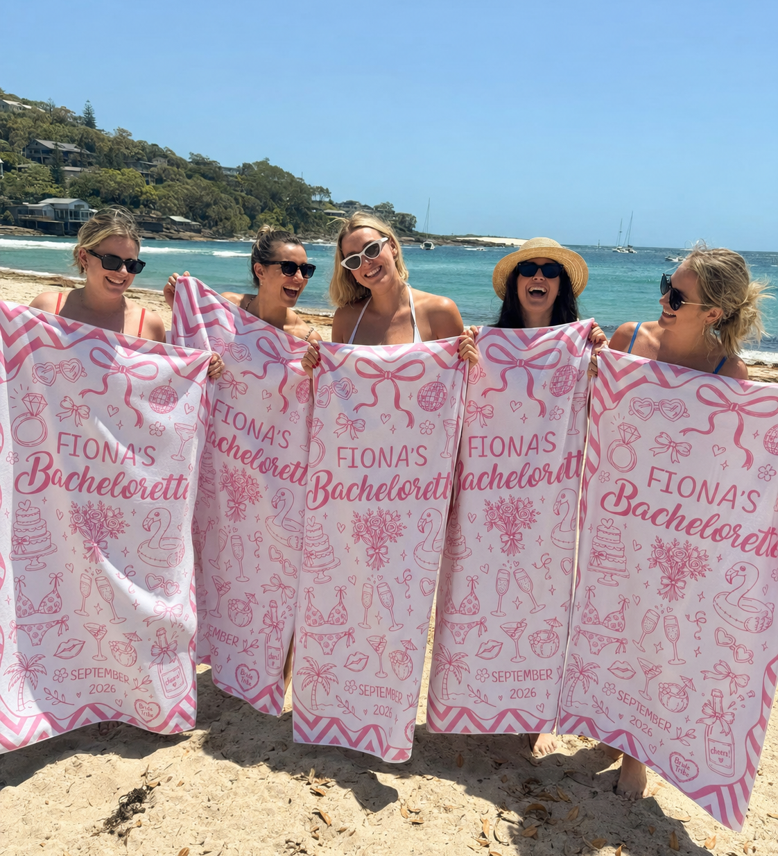 Matching Bachelorette Party beach towel for the bride tribe - The Custom Co