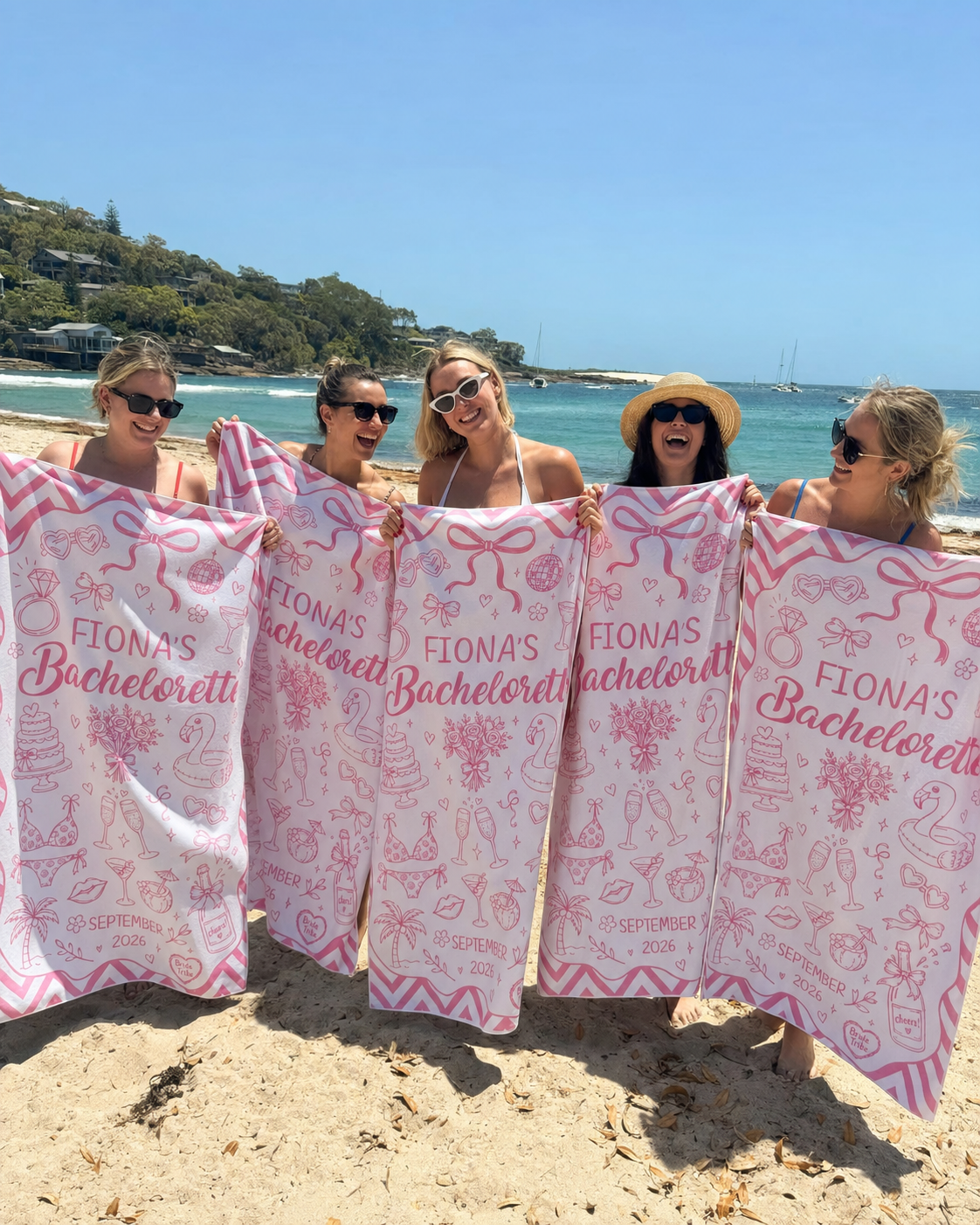 Matching Bachelorette Party beach towel for the bride tribe - The Custom Co