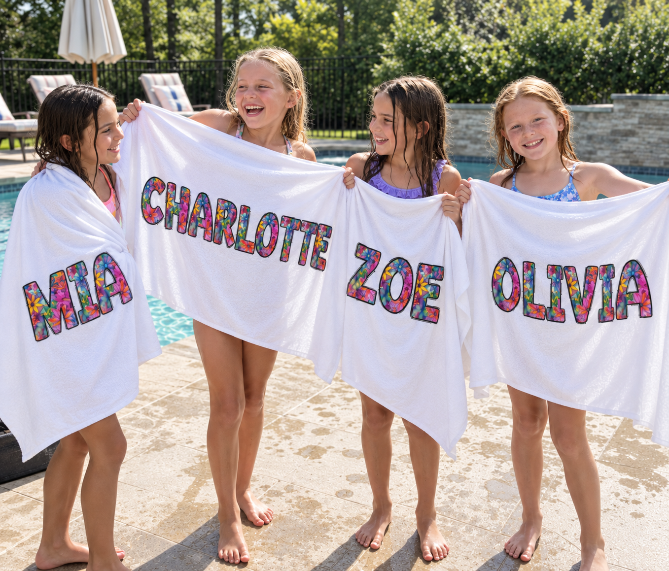 Personalized watercolor floral name beach towel, custom name printed edge to edge
