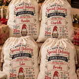 Personalised North Pole gnome Christmas sack, waiting under the tree on Christmas Eve - The Custom Co