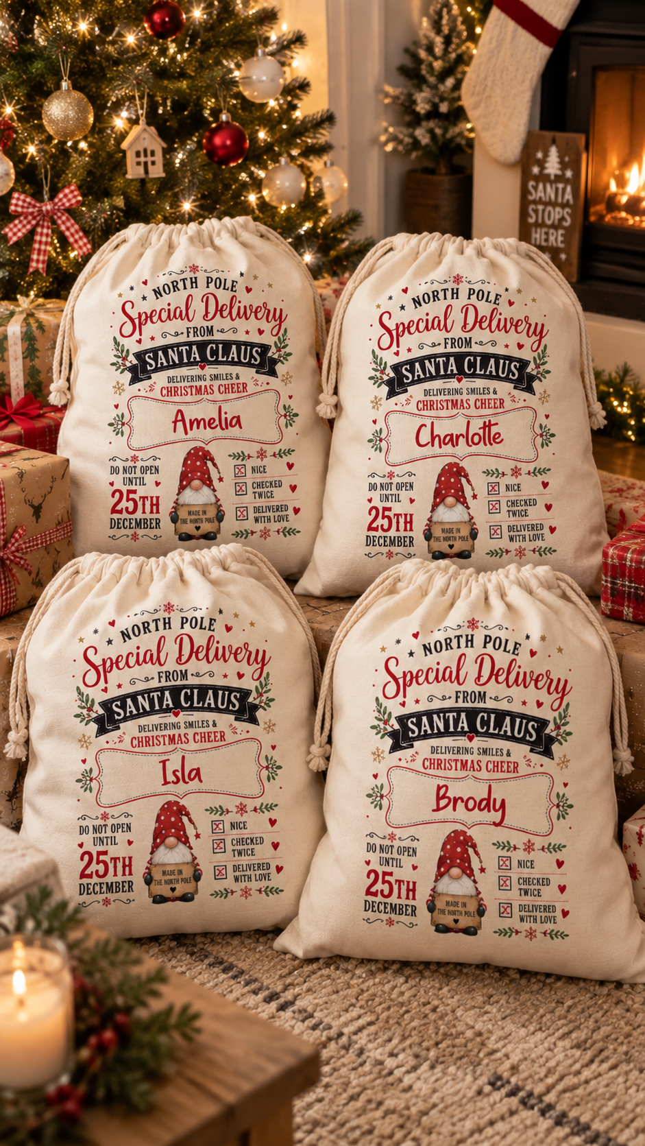 Personalised North Pole gnome Christmas sack, waiting under the tree on Christmas Eve - The Custom Co
