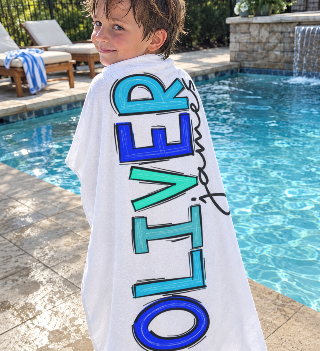 Personalized two tone name beach towel, soft lightweight towel that packs down small