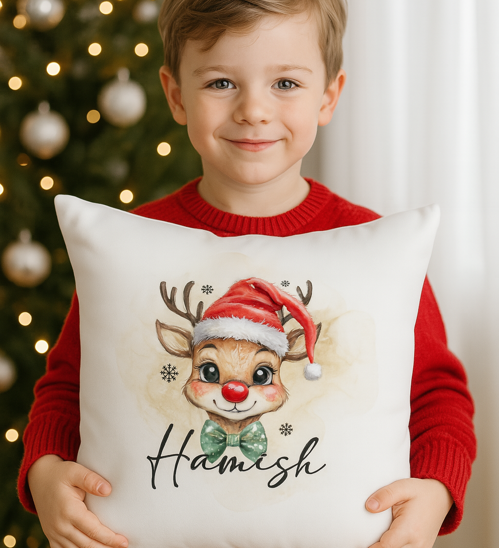 kids cushion Santa Reindeer design boy’s Christmas décor.