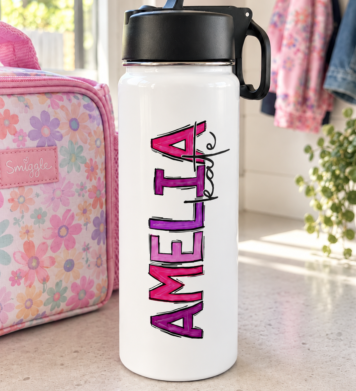 Personalised two tone kids drink bottle, leak proof lid with easy carry handle
