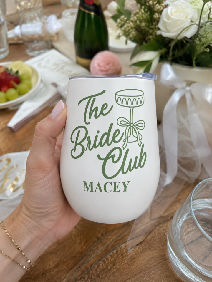 Personalised The Bride Club wine tumbler name print detail