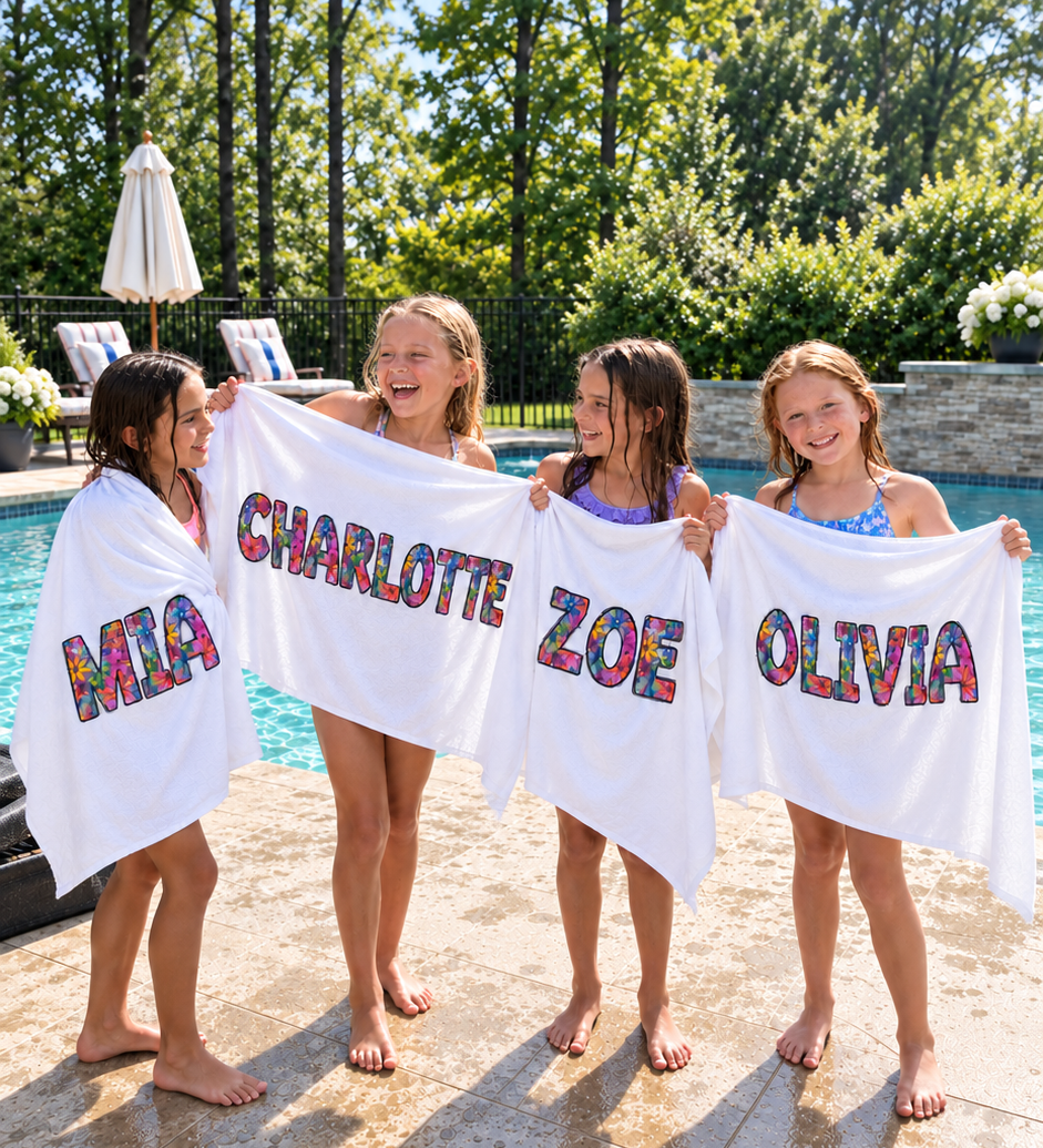 Personalized two tone name beach towel, pool, beach and swim lesson essential - The Custom Co