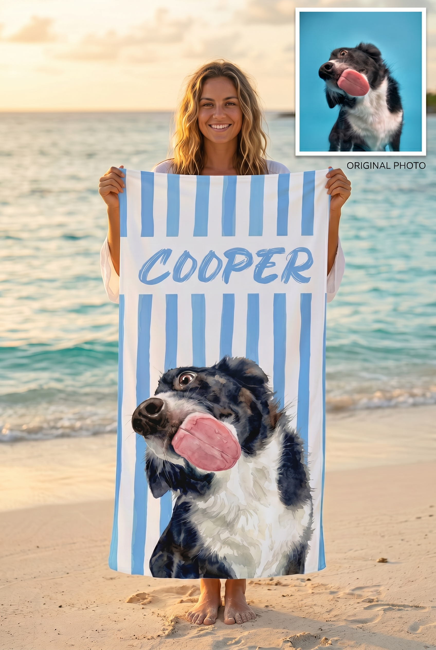 Personalised Pet Portrait beach towel name print detail