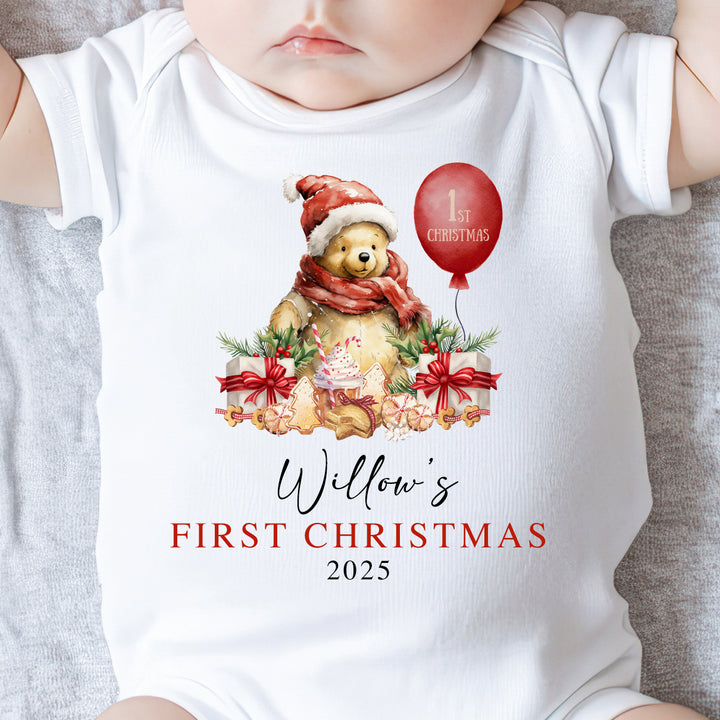 Winnie the Pooh Christmas baby onesie featuring classic festive design, soft cotton fabric, snap closures, and perfect for baby&