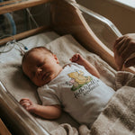 Hello World Onesie baby outfit with Winnie the Pooh design, soft cotton, breathable and stretchy fabric, open shoulder and snap closures for easy dressing and diaper changes