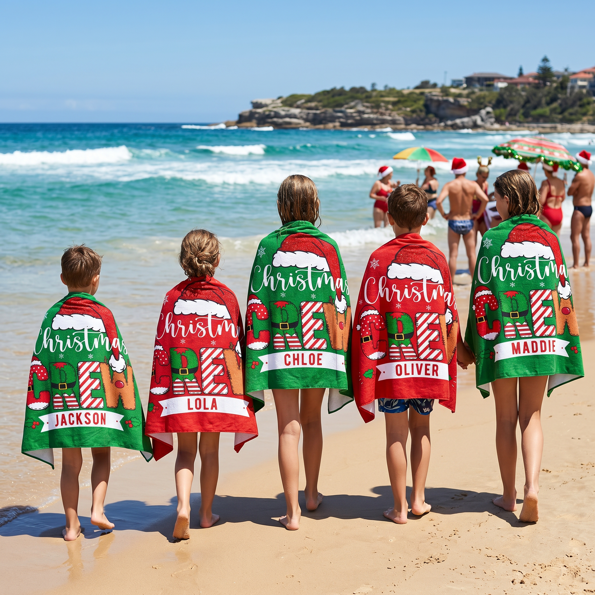 Christmas Crew beach towel in quick-dry fabric, made for Christmas holidays at the beach - The Custom Co